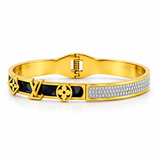 Black Enamel Gold-Tone Crystal Cuff Bracelet for Women | Luxury Black Enamel Crystal Gold-Tone Bracelet for Women