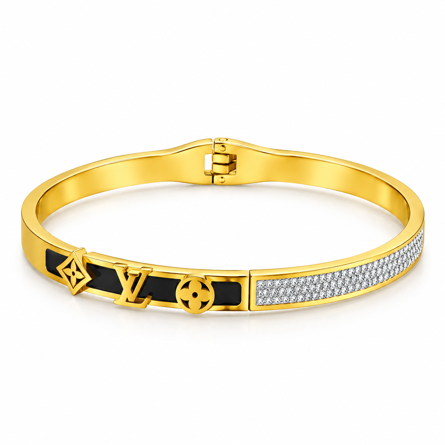 Black Enamel Gold-Tone Crystal Cuff Bracelet for Women | Luxury Black Enamel Crystal Gold-Tone Bracelet for Women