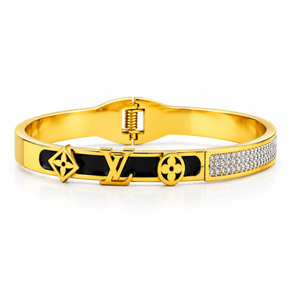 Black Enamel Gold-Tone Crystal Cuff Bracelet for Women | Luxury Black Enamel Crystal Gold-Tone Bracelet for Women