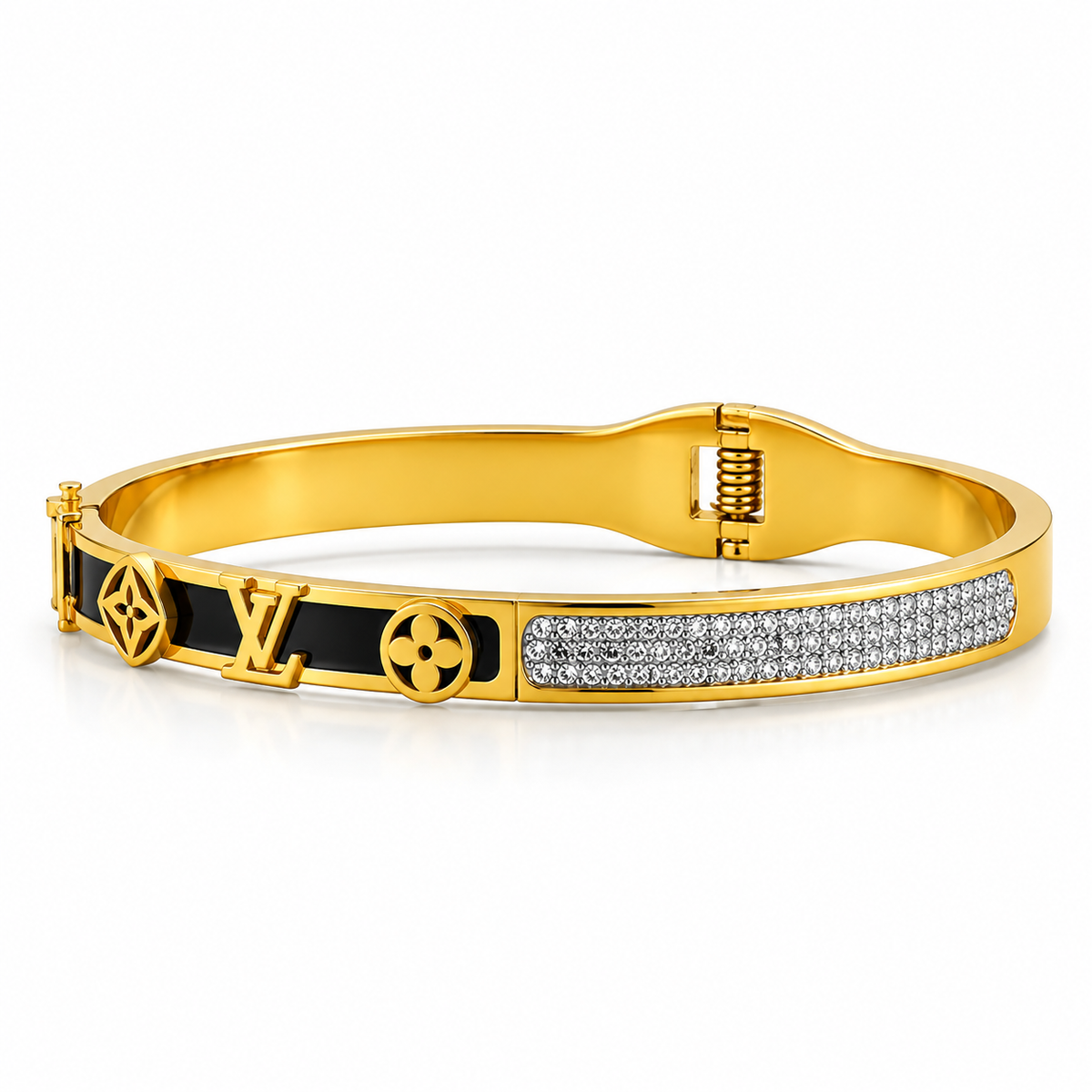 Black Enamel Gold-Tone Crystal Cuff Bracelet for Women | Luxury Black Enamel Crystal Gold-Tone Bracelet for Women