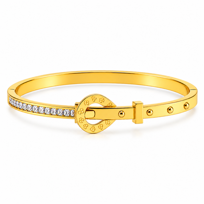 Elegant Gold-Tone Buckle Bracelet with Crystal Detailing | Gold-Tone Belt Style Bracelet for Women | Crystal Buckle Design