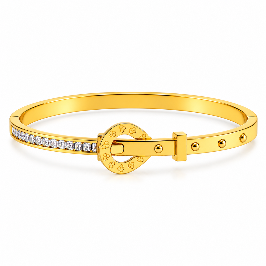 Elegant Gold-Tone Buckle Bracelet with Crystal Detailing | Gold-Tone Belt Style Bracelet for Women | Crystal Buckle Design