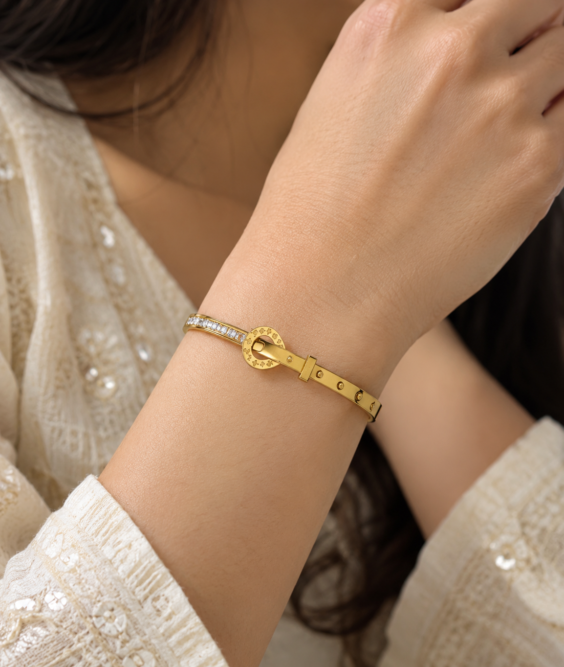 Elegant Gold-Tone Buckle Bracelet with Crystal Detailing | Gold-Tone Belt Style Bracelet for Women | Crystal Buckle Design