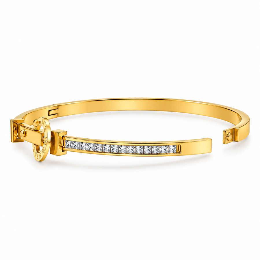 Elegant Gold-Tone Buckle Bracelet with Crystal Detailing | Gold-Tone Belt Style Bracelet for Women | Crystal Buckle Design
