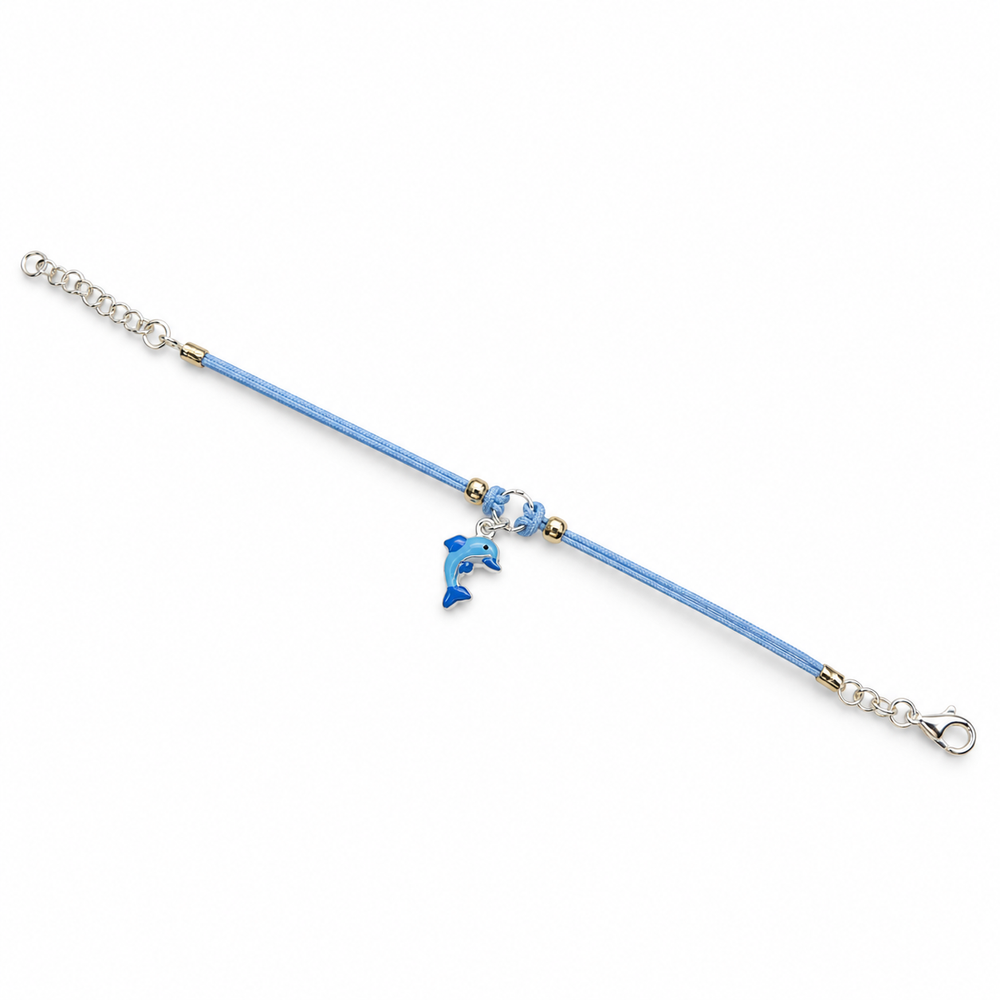 925 Sterling Silver Blue Dolphin Charm Bracelet for Kids | Adjustable Blue Cord Bracelet