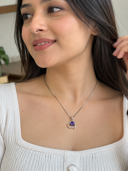 925 Sterling Silver Purple Heart Pendant Chain for Women