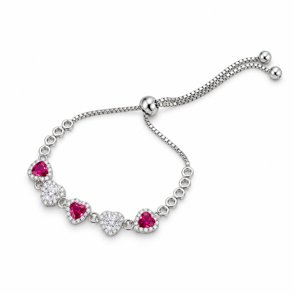 925 Sterling Silver Adjustable Heart Bracelet for Women | Pink & Clear Stone Bracelet