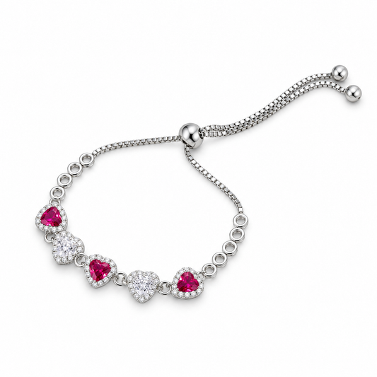 925 Sterling Silver Adjustable Heart Bracelet for Women | Pink & Clear Stone Bracelet