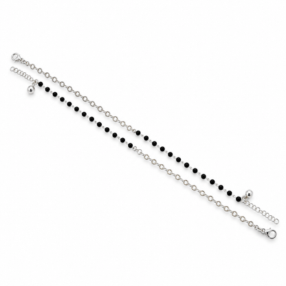 925 Sterling Silver Black Beaded Anklet Pair for Women