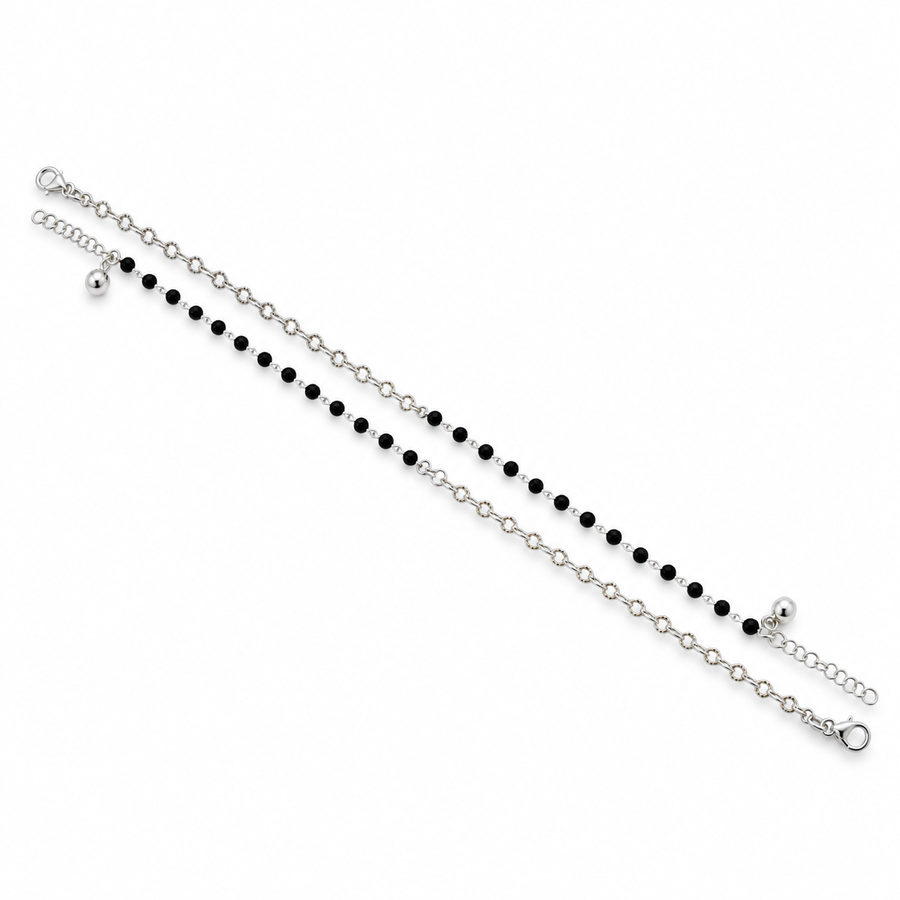 925 Sterling Silver Black Beaded Anklet Pair for Women