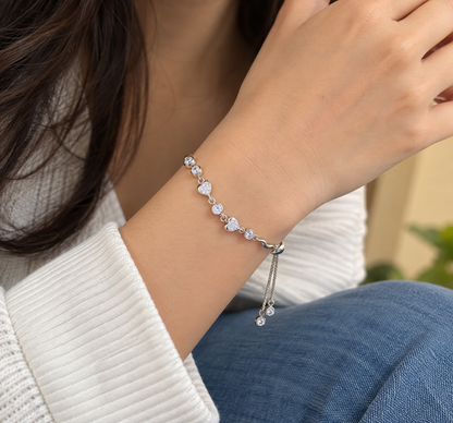 925 Sterling Silver Adjustable Heart & Crystal Bracelet for Women