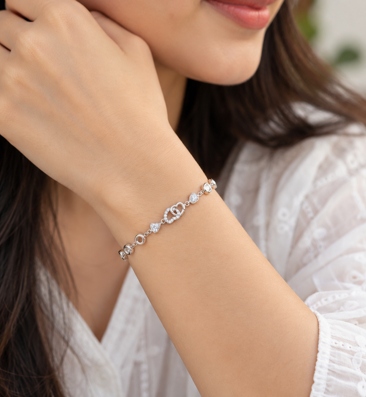 925 Sterling Silver Heart Link Bracelet for Women | Elegant Crystal Bracelet