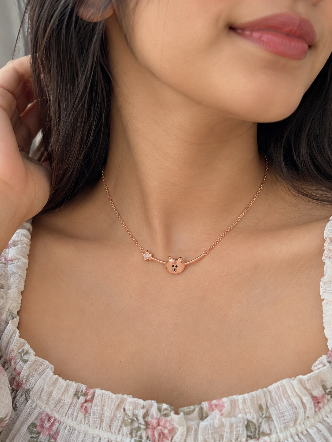 925 Sterling Silver Rose Gold Polished Teddy Pendant Chain for Women