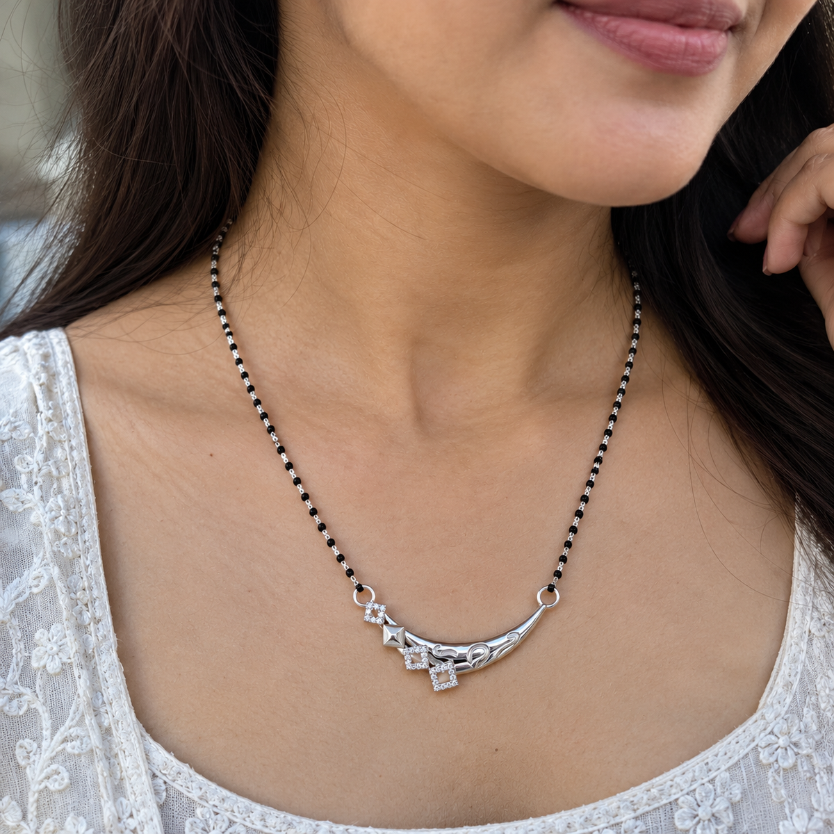 925 Sterling Silver Crescent Mangalsutra Pendant with Geometric Stone Detailing
