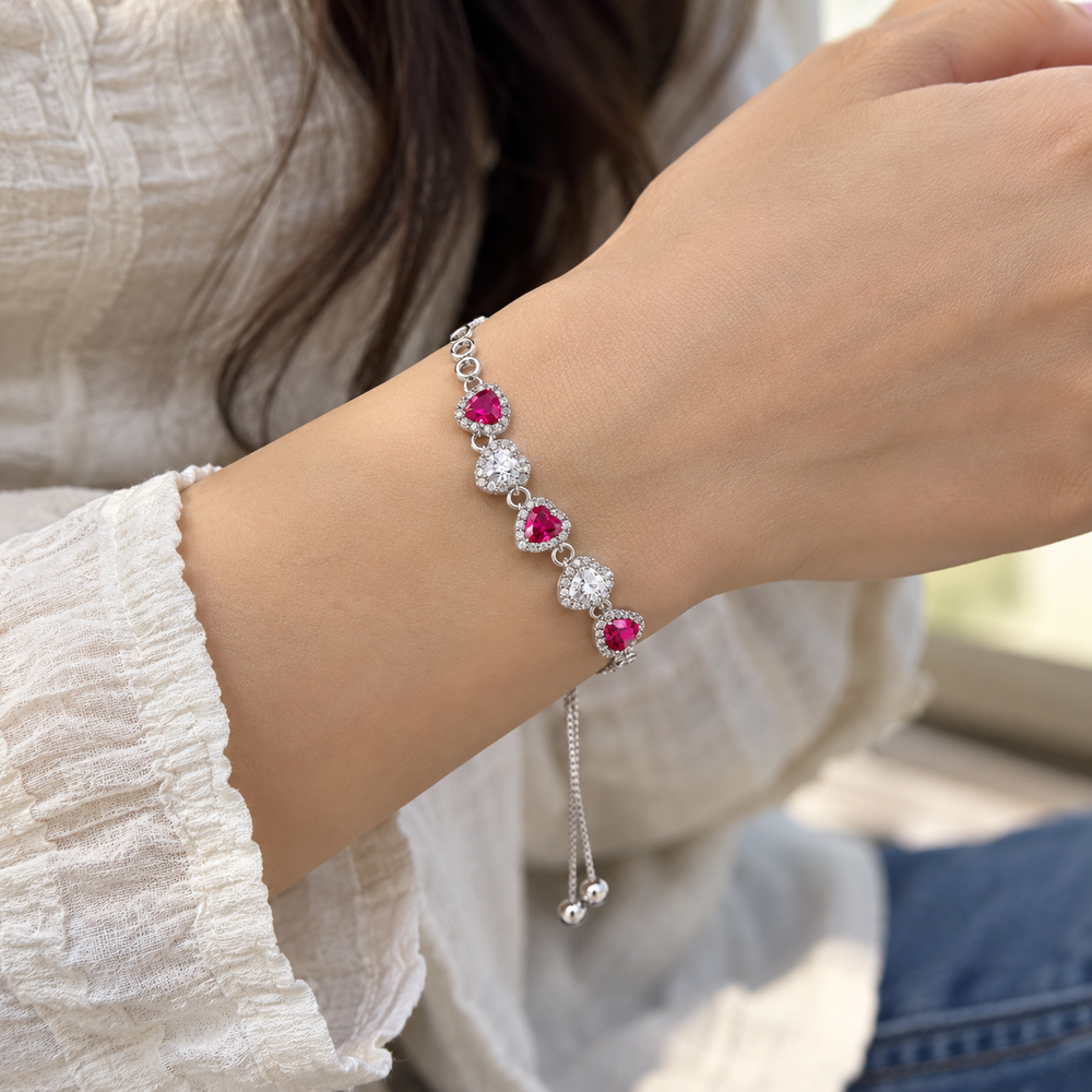 925 Sterling Silver Adjustable Heart Bracelet for Women | Pink & Clear Stone Bracelet