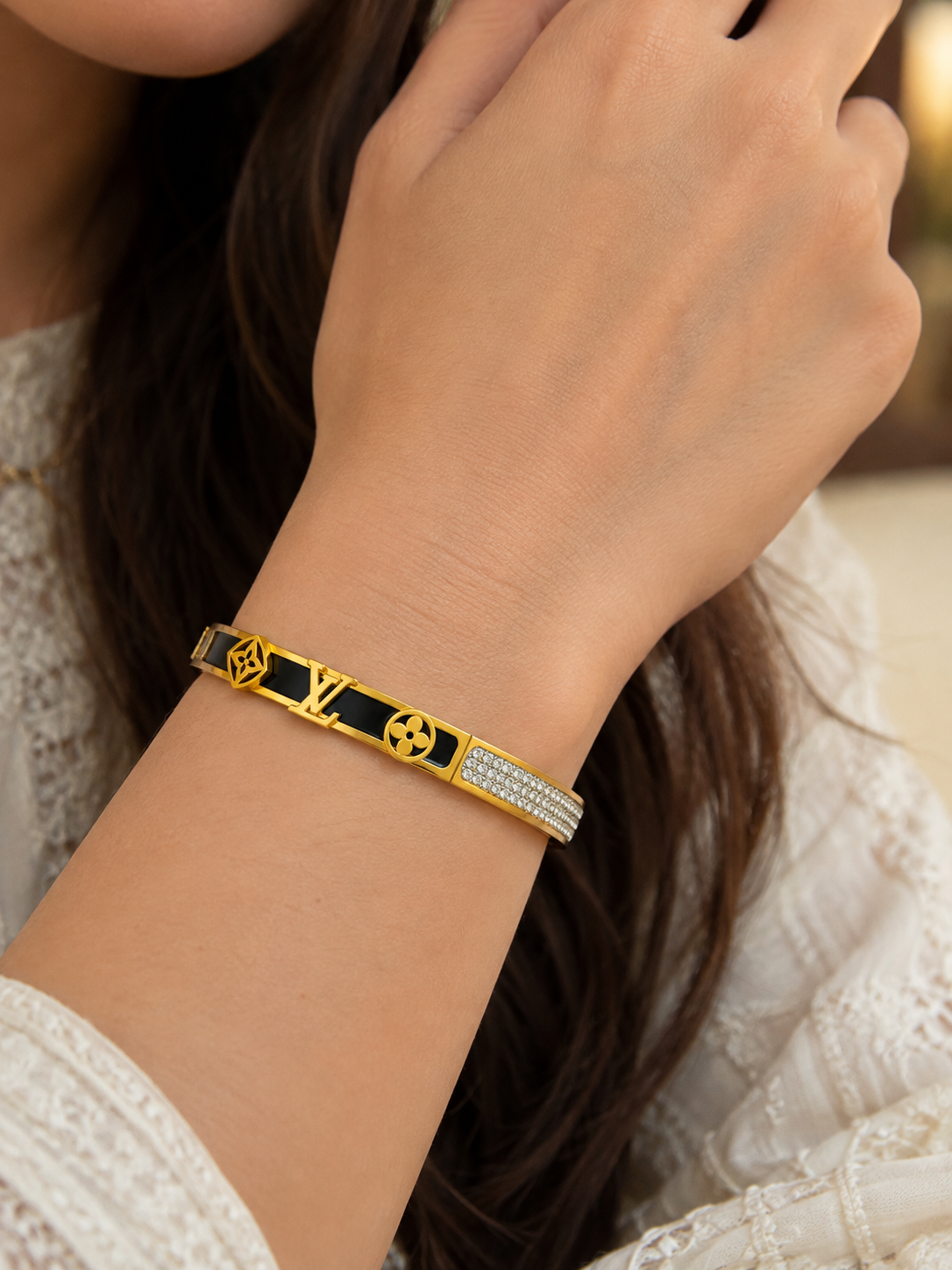 Black Enamel Gold-Tone Crystal Cuff Bracelet for Women | Luxury Black Enamel Crystal Gold-Tone Bracelet for Women
