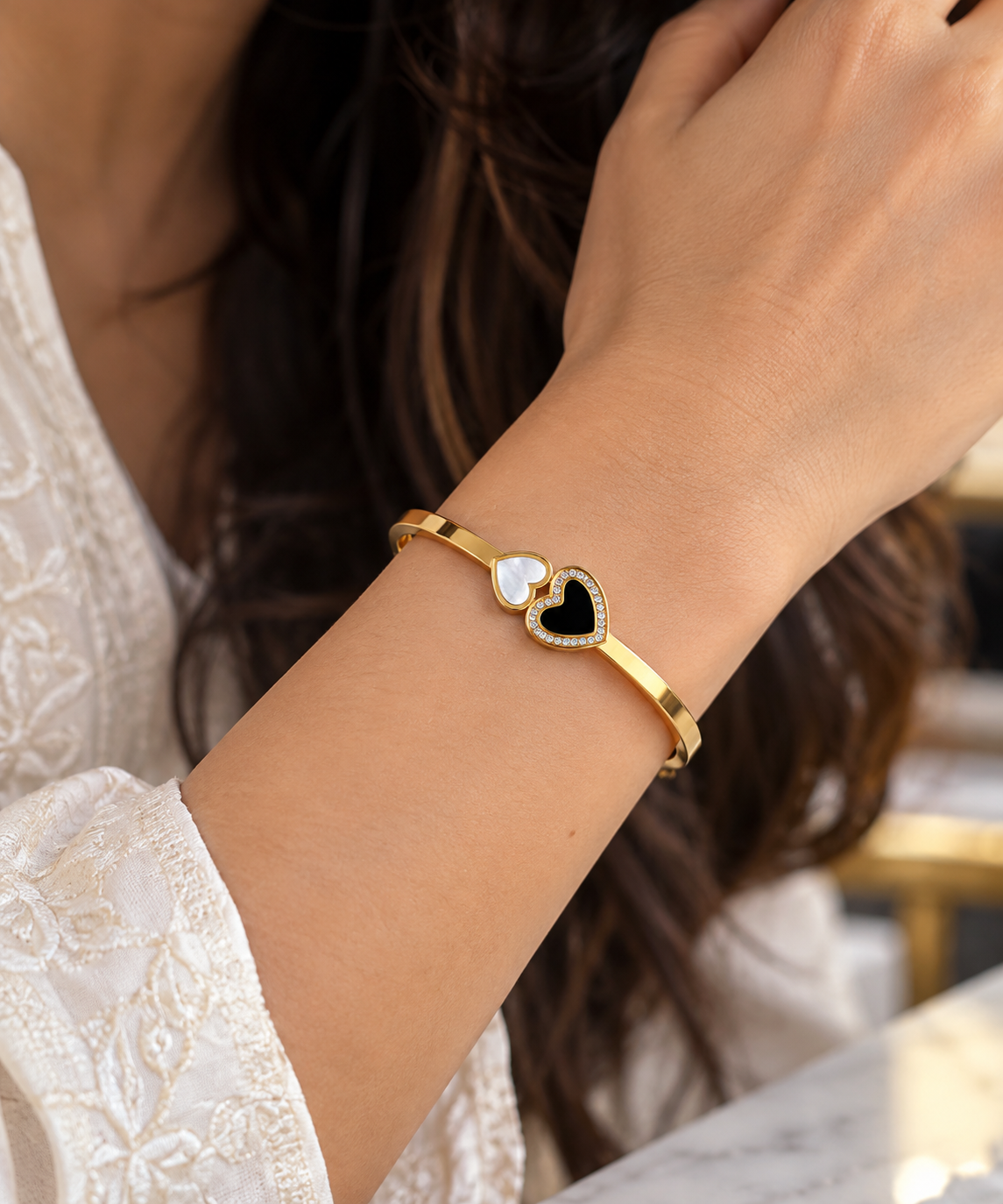 Double Heart Gold-Tone Bracelet for Women | Black & Crystal Heart Bangle