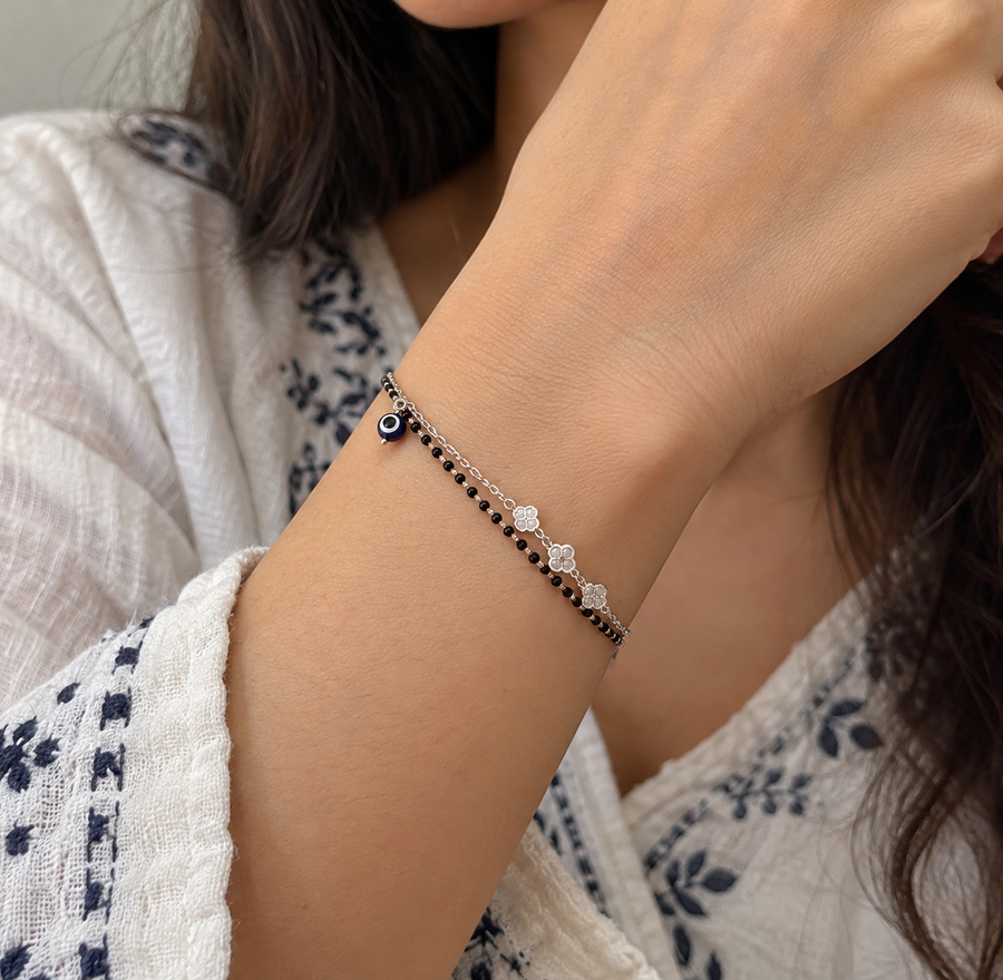 925 Sterling Silver Mangalsutra Cum Bracelet with Black Beads & Evil Eye
